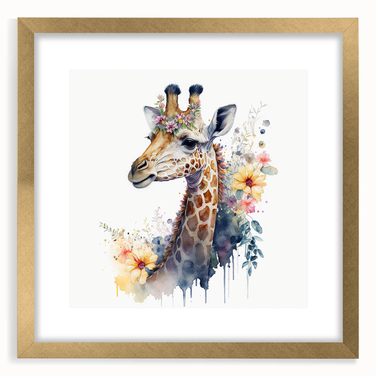 Giraffe wall art design showcasing a majestic giraffe silhouette in a gold frame with a mat, perfect for adding a touch of elegance to any room's decor.