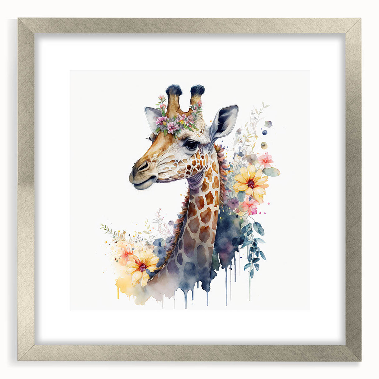 Framed wall art featuring a stylish giraffe design from the "Animals A Wild Life" collection, set in a silver frame with a mat, ideal for modern decor.