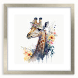 Framed wall art featuring a stylish giraffe design from the "Animals A Wild Life" collection, set in a silver frame with a mat, ideal for modern decor.