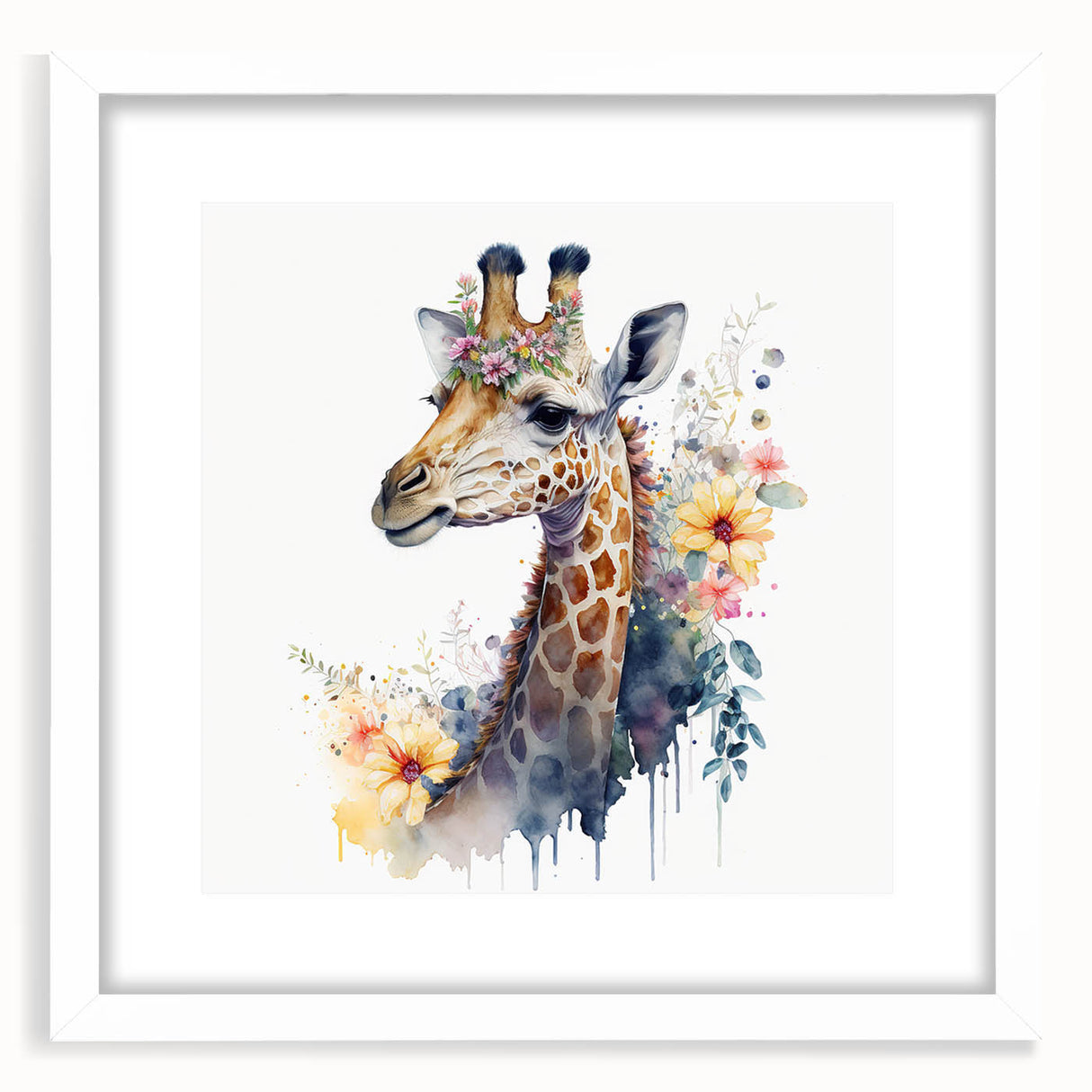 Giraffe-themed wall art featuring a vibrant design in a white frame with a mat, showcasing the beauty of wildlife, perfect for home decor enthusiasts.