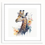 Giraffe-themed wall art featuring a vibrant design in a white frame with a mat, showcasing the beauty of wildlife, perfect for home decor enthusiasts.
