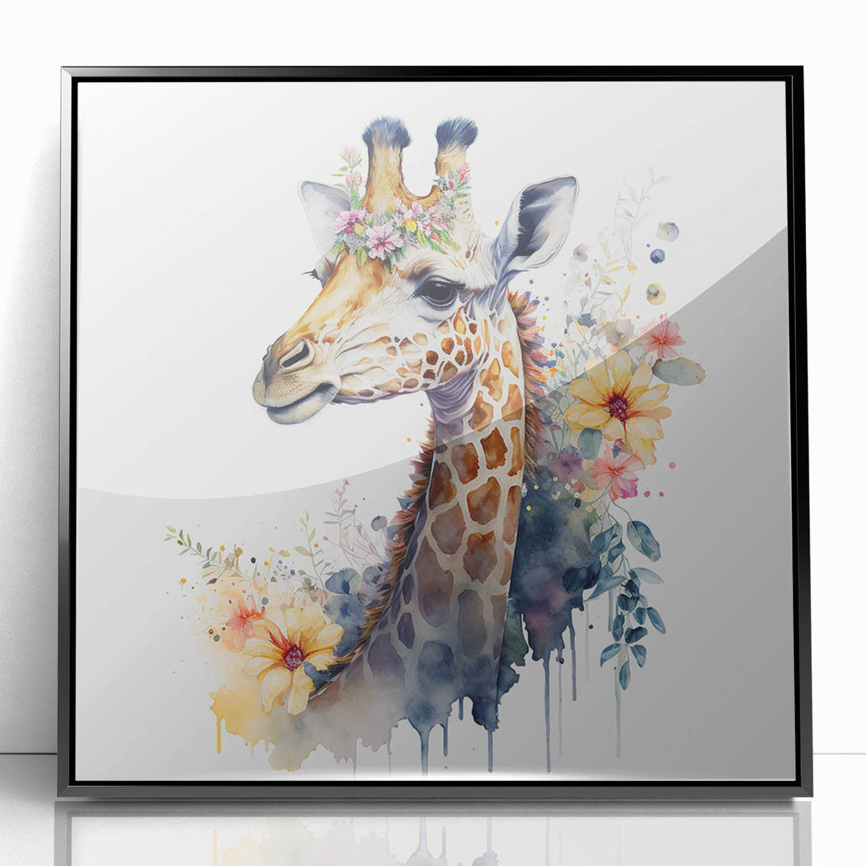 Framed acrylic wall art featuring a stylish giraffe design, set against a sleek black background, perfect for modern home decor enthusiasts.