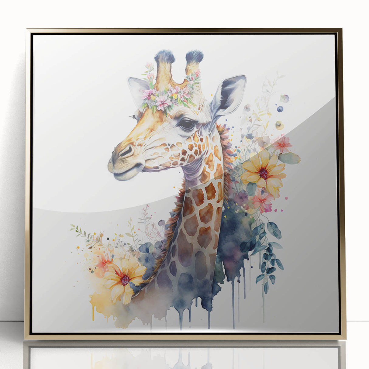 Framed wall art featuring a stunning front view of a giraffe with intricate gold accents, perfect for adding a touch of wildlife elegance to any space.