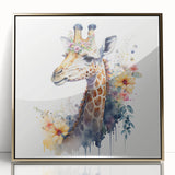 Framed wall art featuring a stunning front view of a giraffe with intricate gold accents, perfect for adding a touch of wildlife elegance to any space.