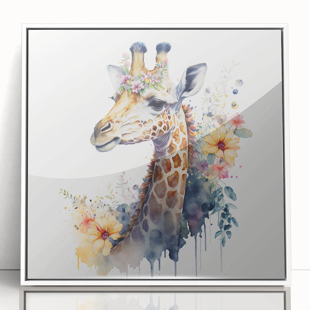 Framed acrylic wall art showcasing a vibrant giraffe design, set against a clean white background, perfect for adding a touch of wildlife elegance to any room.