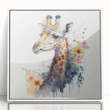 Framed acrylic wall art showcasing a vibrant giraffe design, set against a clean white background, perfect for adding a touch of wildlife elegance to any room.