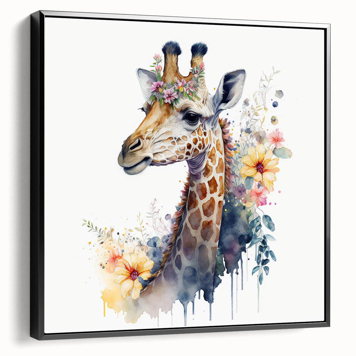 Framed canvas wall art featuring a side view of a giraffe, showcasing its distinctive patterns and elegant posture against a sleek black background, ideal for wildlife enthusiasts.