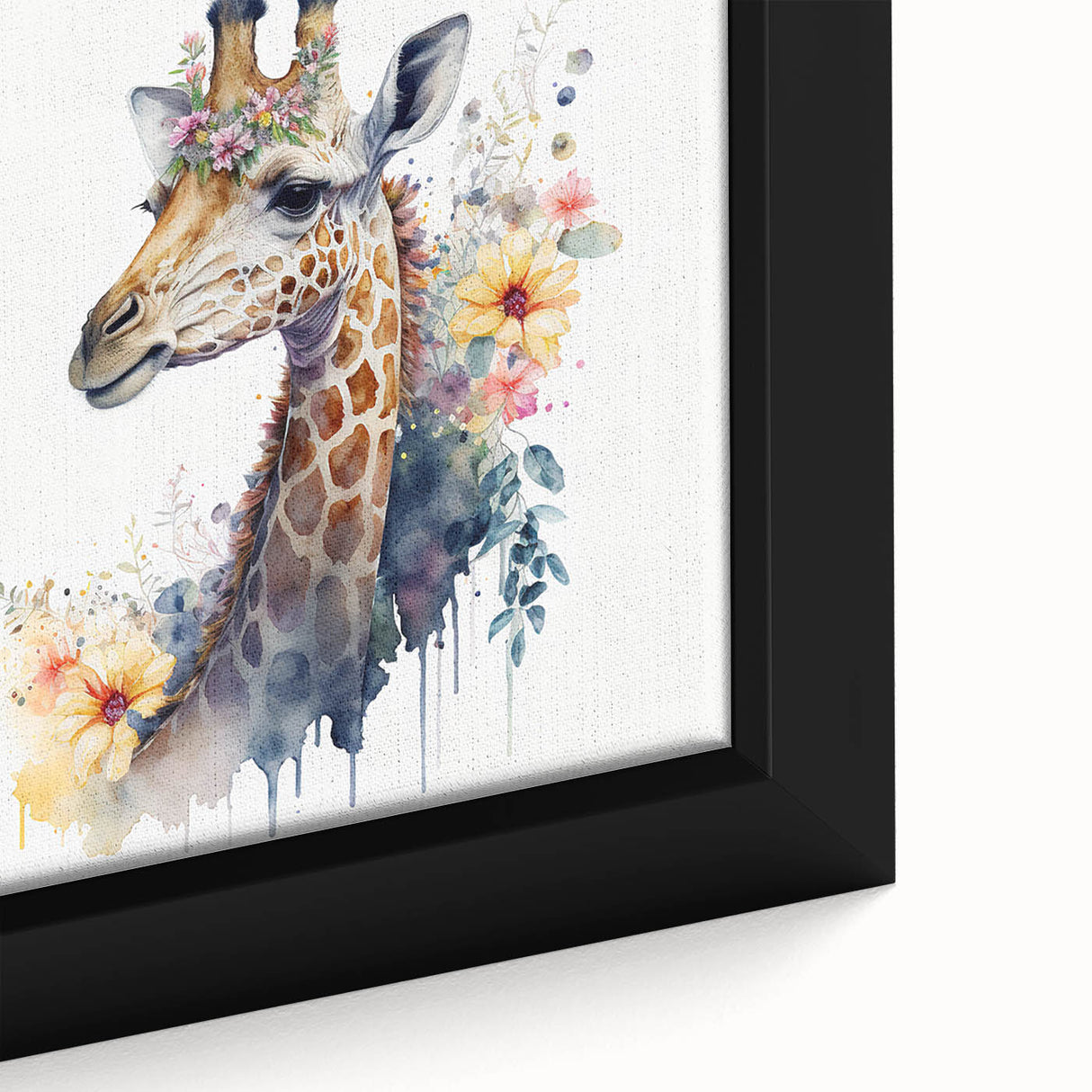 Close-up of a framed canvas wall art piece featuring a vibrant giraffe design, showcasing intricate details and rich colors, perfect for wildlife enthusiasts and home decor.