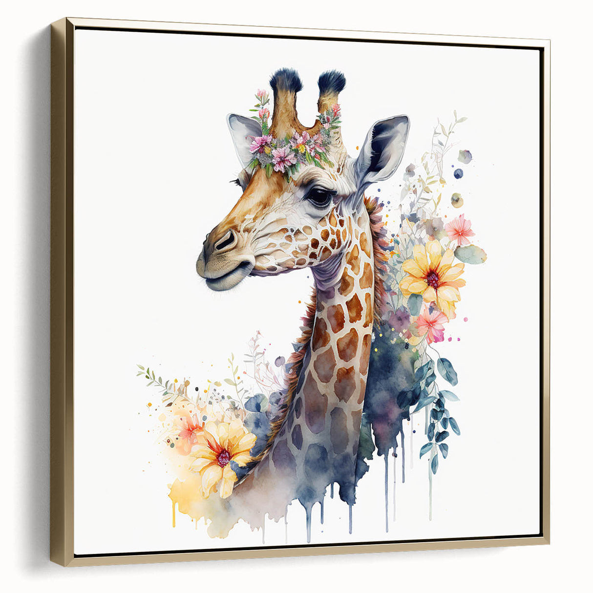 Framed canvas wall art showcasing a side view of a majestic giraffe in a golden hue, perfect for enhancing modern home decor with a wild life theme.