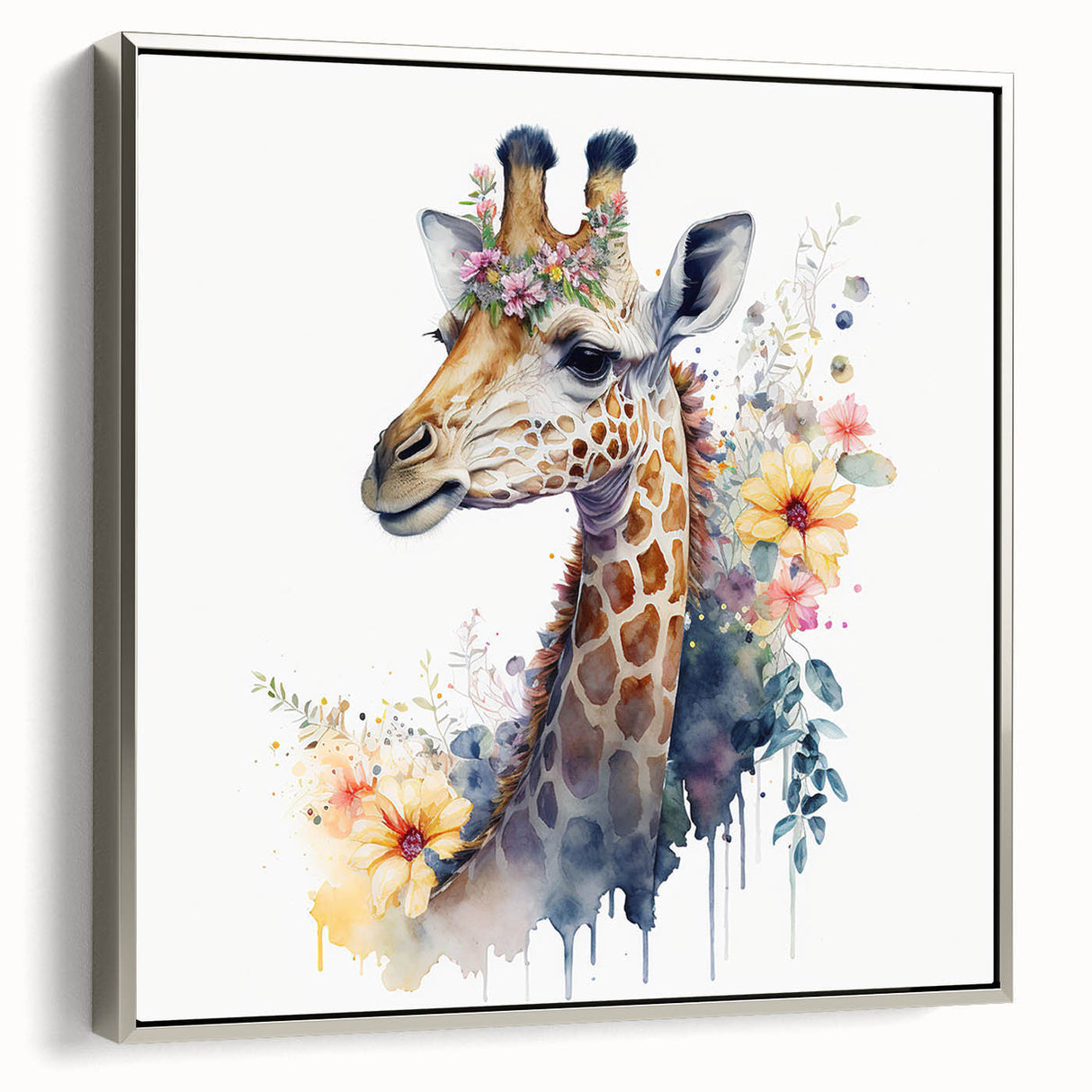 Framed wall art showcasing a side view of a vibrant giraffe design, featuring intricate details and colors, ideal for animal lovers and home decor enthusiasts.