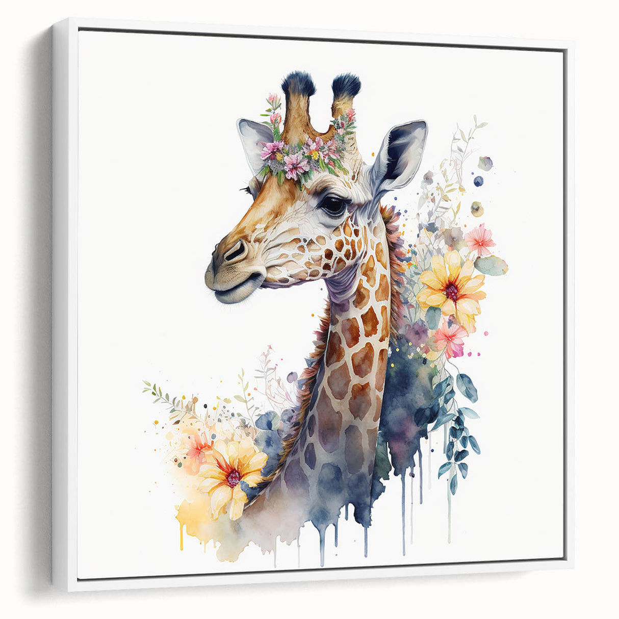 Framed canvas wall art showcasing a side view of a giraffe in a vibrant and colorful design, perfect for adding a touch of wildlife charm to any space.