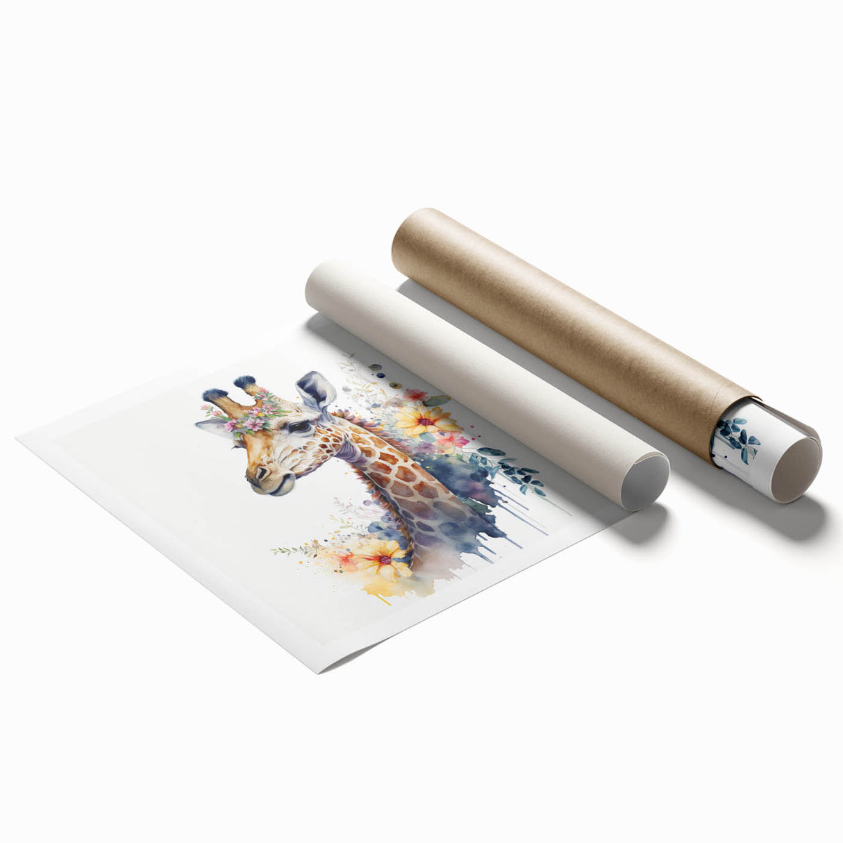 Giraffe-themed wall art design showcasing a vibrant, colorful illustration on a rolled canvas, perfect for home decor and nature enthusiasts, packaged securely in a cardboard tube.