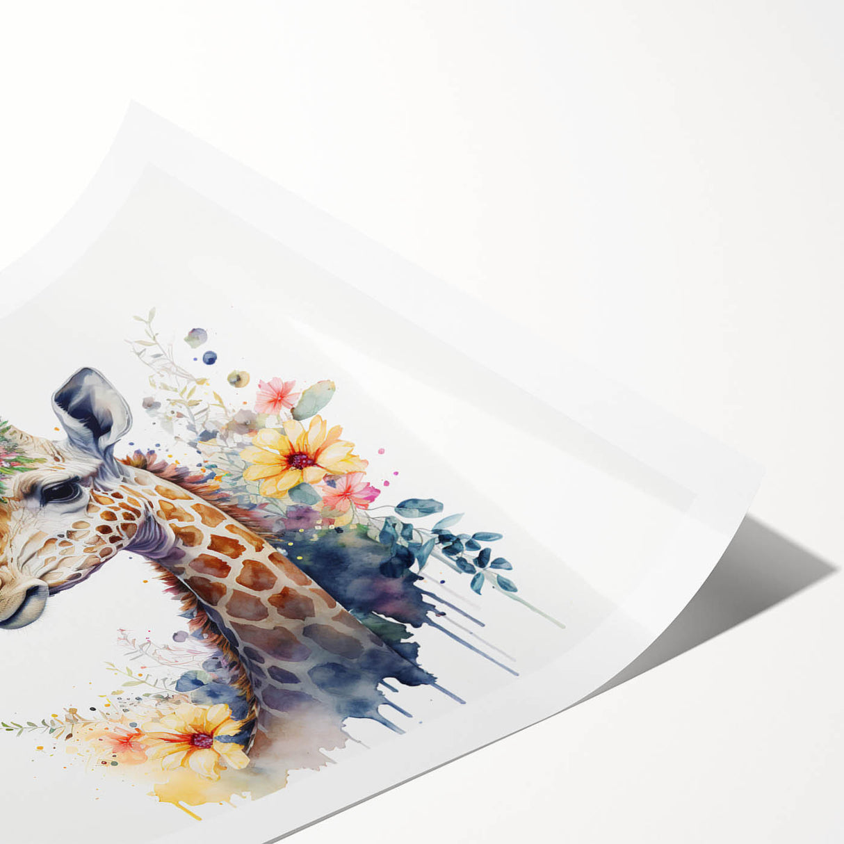 Vibrant giraffe wall art print showcasing a colorful, abstract design, perfect for nature-themed decor. Rolled and ready for easy framing or display.