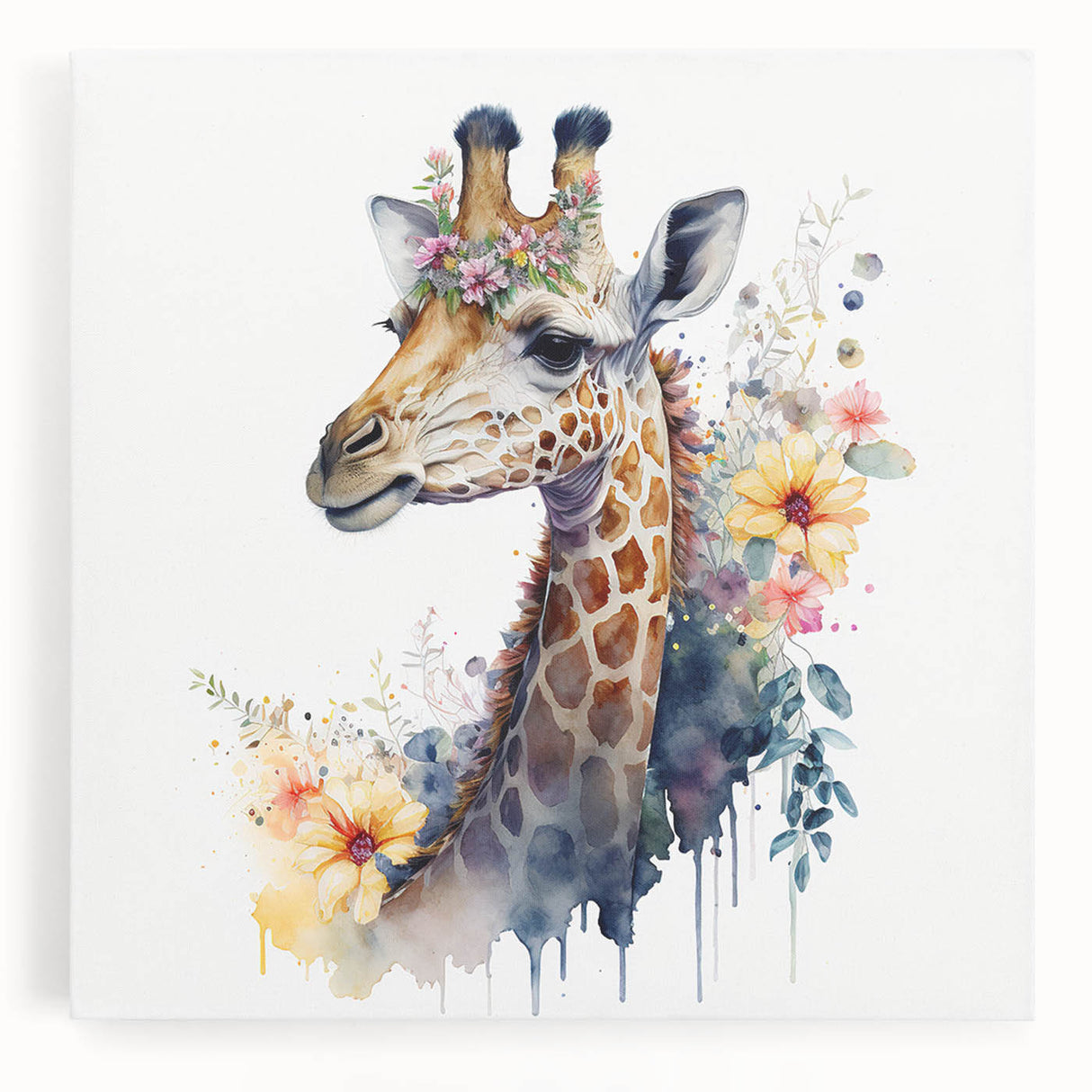 Stretched canvas wall art showcasing a vibrant front view of a giraffe in its natural habitat, perfect for wildlife enthusiasts and home decor.