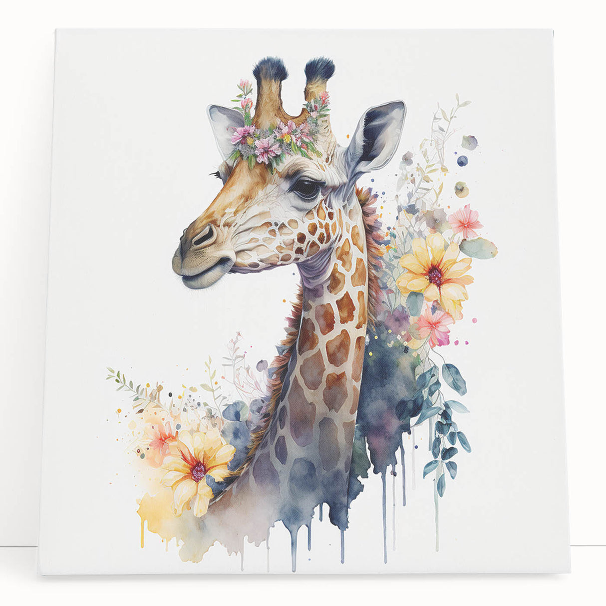 Giraffe wall art on stretched canvas, showcasing a vibrant African wildlife design with rich colors and intricate details, perfect for home decor.