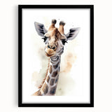 Wall art featuring a stylish giraffe design in a black frame with a white mat, perfect for adding a touch of wildlife elegance to home decor. Ideal for animal lovers or nature-themed spaces.
