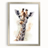 Framed wall art featuring a stylish giraffe design in a silver frame with matting, perfect for animal-themed decor, showcasing vibrant colors and intricate details.