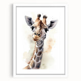 Framed wall art featuring a graceful giraffe design in a vibrant color palette, set in a white mat for an elegant presentation, perfect for animal lovers.