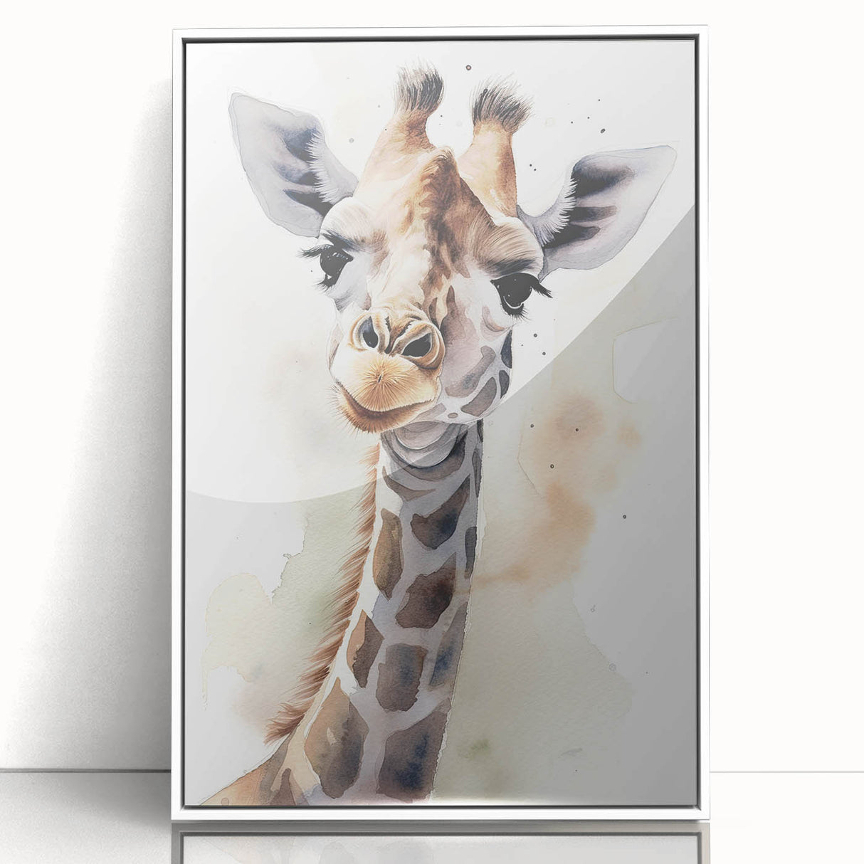 Framed acrylic wall art featuring a vibrant giraffe design, showcasing intricate details and colors against a white background, ideal for animal lovers and modern decor.