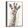 Framed canvas wall art showcasing a side view of a majestic giraffe against a black background, emphasizing its unique patterns and elegant posture, ideal for wildlife enthusiasts and modern decor.
