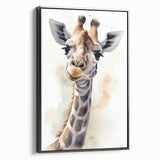 Framed canvas wall art showcasing a side view of a majestic giraffe against a black background, emphasizing its unique patterns and elegant posture, ideal for wildlife enthusiasts and modern decor.