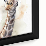 Close-up of a framed canvas wall art featuring a beautifully detailed giraffe design, showcasing vibrant colors and intricate textures, ideal for animal lovers and home decor enthusiasts.
