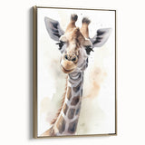Framed wall art showcasing a side view of a majestic giraffe against a gold background, perfect for animal lovers and modern home decor.