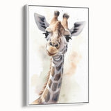 Framed wall art featuring a side view of a giraffe in a minimalist design, showcasing earthy tones and elegant lines, perfect for wildlife enthusiasts and modern decor.