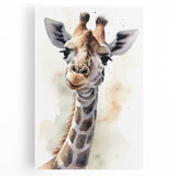 Vibrant giraffe wall art design on stretched canvas, showcasing detailed textures and warm colors, perfect for wildlife enthusiasts and modern decor.