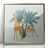 Framed wall art featuring a striking gold-accented giraffe design, perfect for adding a touch of wildlife elegance to any modern decor. Ideal for animal lovers.