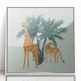 Framed wall art featuring a vibrant giraffe design, showcasing rich colors and intricate patterns, perfect for animal lovers and home decor enthusiasts.