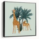 Framed wall art featuring a side view of a giraffe in a modern black design, showcasing intricate details and vibrant colors, perfect for animal-themed decor.