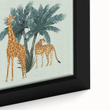 Close-up of a framed canvas print showcasing a vibrant giraffe design, featuring intricate details and rich colors, ideal for animal-themed home decor.