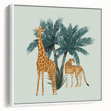 Framed canvas wall art featuring a side view of a majestic giraffe against a white background, showcasing intricate details and vibrant colors, perfect for wildlife enthusiasts.