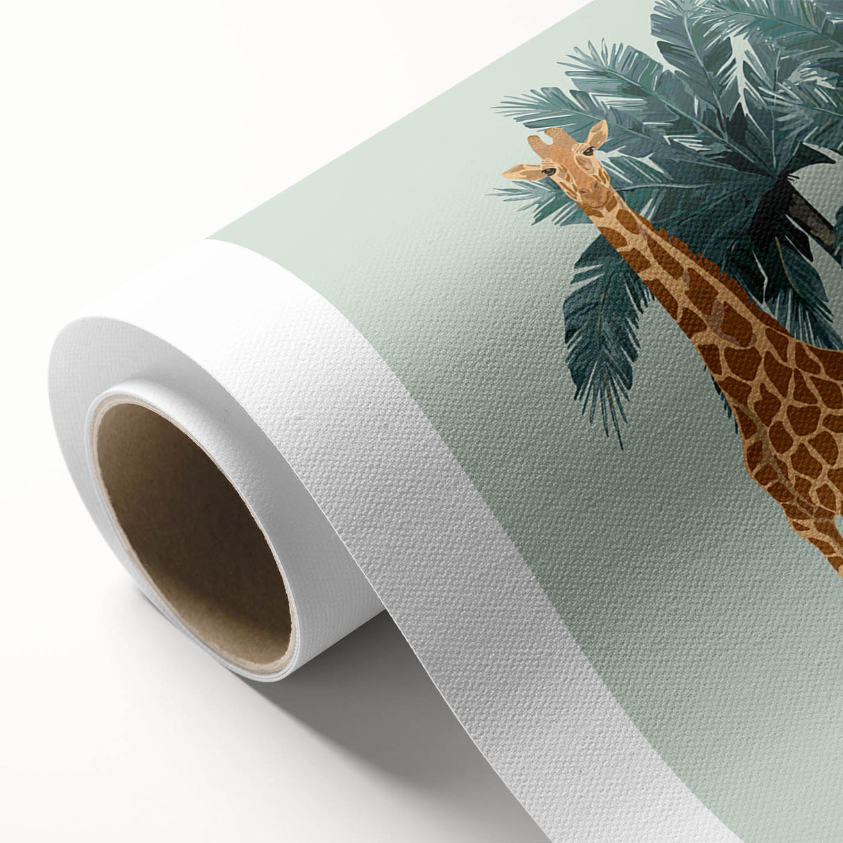 Rolled canvas showcasing a vibrant giraffe design in rich colors, perfect for animal lovers and nature-themed decor, elegantly presented for wall art display.