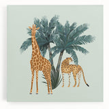 Vibrant giraffe wall art design on stretched canvas, showcasing a detailed front view of the majestic animal against a natural backdrop, ideal for wildlife decor.