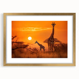 Giraffe-themed wall art collection featuring a gold frame and mat, showcasing a vibrant design of wild African wildlife, perfect for home decor.