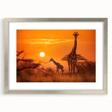 Framed wall art featuring a stunning giraffe design, set in a sleek silver frame with a mat. Perfect for animal lovers and modern home decor enthusiasts.