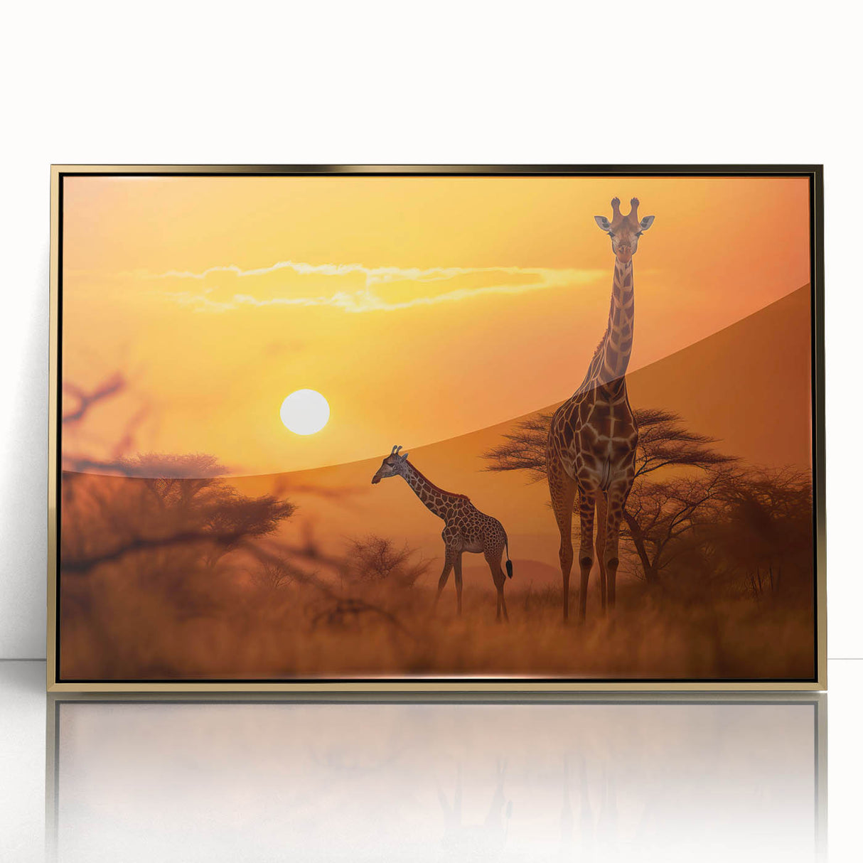 Framed wall art featuring a striking giraffe design in a vibrant color palette, set against a gold-accented background, ideal for animal lovers and modern decor.
