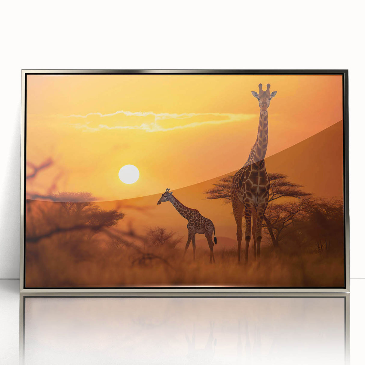 Framed wall art featuring a striking giraffe design in a silver frame, showcasing vibrant colors and intricate details, perfect for wildlife enthusiasts.