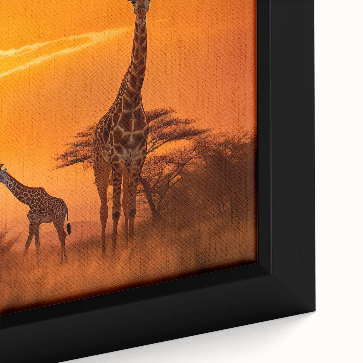Close-up of a framed canvas wall art piece featuring a vibrant giraffe design, showcasing intricate details and rich colors, perfect for animal lovers and home decor enthusiasts.