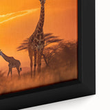 Close-up of a framed canvas wall art piece featuring a vibrant giraffe design, showcasing intricate details and rich colors, perfect for animal lovers and home decor enthusiasts.