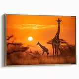 Elegant framed canvas wall art featuring a side view of a giraffe against a gold background, showcasing intricate details and vibrant colors, ideal for animal lovers and modern decor.