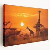 Stretched canvas wall art featuring a side view of a giraffe in a vibrant African wildlife design, showcasing detailed textures and colors, perfect for home decor.