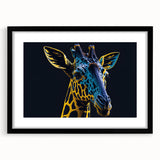 Giraffe-themed wall art design featuring a framed print with a black mat, showcasing vibrant colors and intricate details, perfect for wildlife enthusiasts and home decor.
