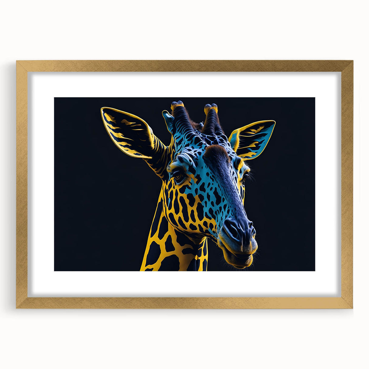 Giraffe-themed wall art design featuring a gold-framed print showcasing vibrant colors, ideal for wildlife lovers and modern decor enthusiasts.