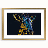 Giraffe-themed wall art design featuring a gold-framed print showcasing vibrant colors, ideal for wildlife lovers and modern decor enthusiasts.