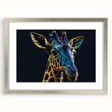 Silver-framed wall art featuring a stunning giraffe design, showcasing intricate details and vibrant colors, perfect for animal lovers and home decor enthusiasts.