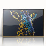 Framed wall art featuring a striking giraffe design in vibrant colors, showcasing detailed textures and elegant gold accents, perfect for wildlife enthusiasts.