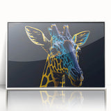 Framed wall art featuring a stylish giraffe design, showcasing vibrant colors and intricate details, perfect for enhancing any modern decor setting.